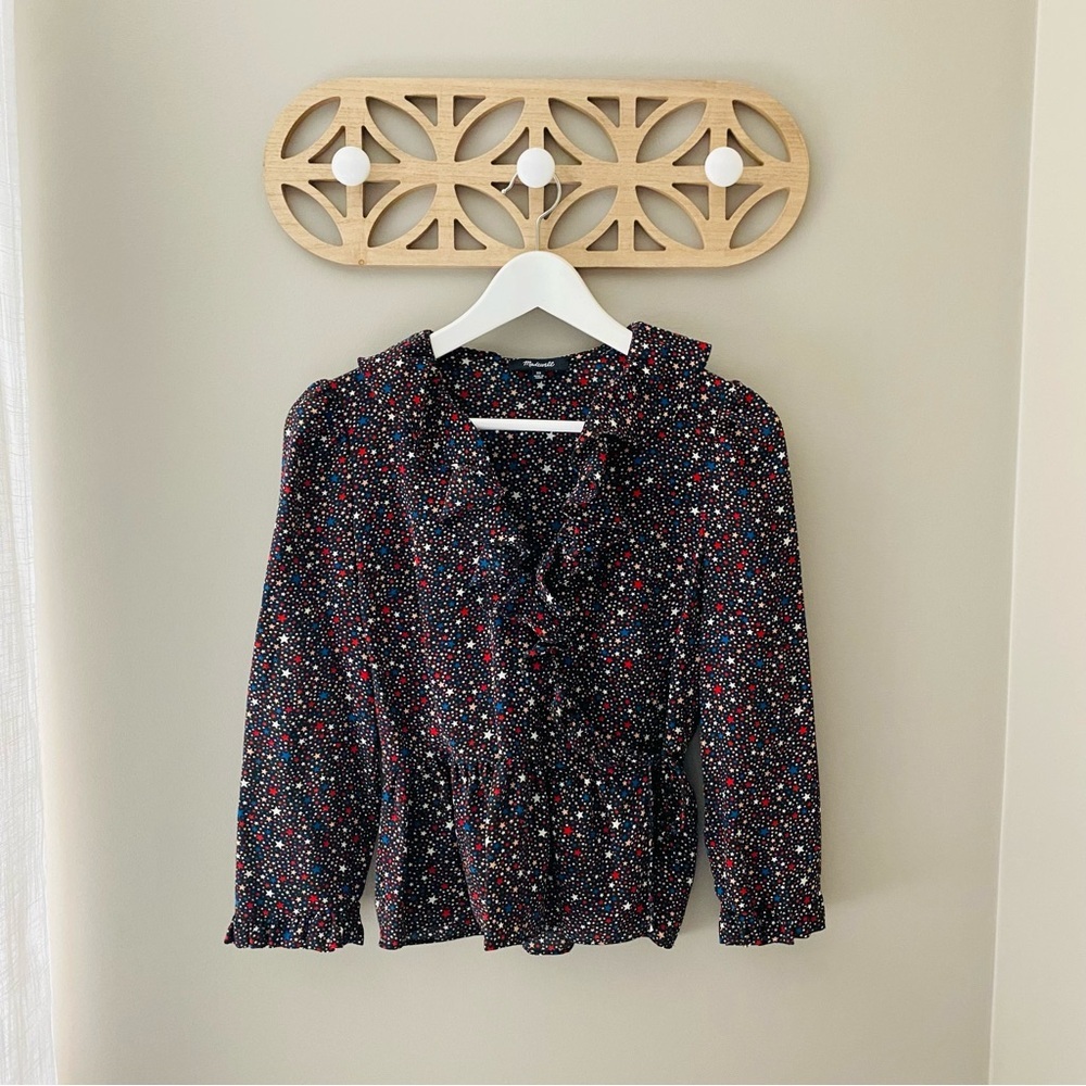 Madewell Silk Ruffle Wrap Blouse Starry Night Print Sz XS